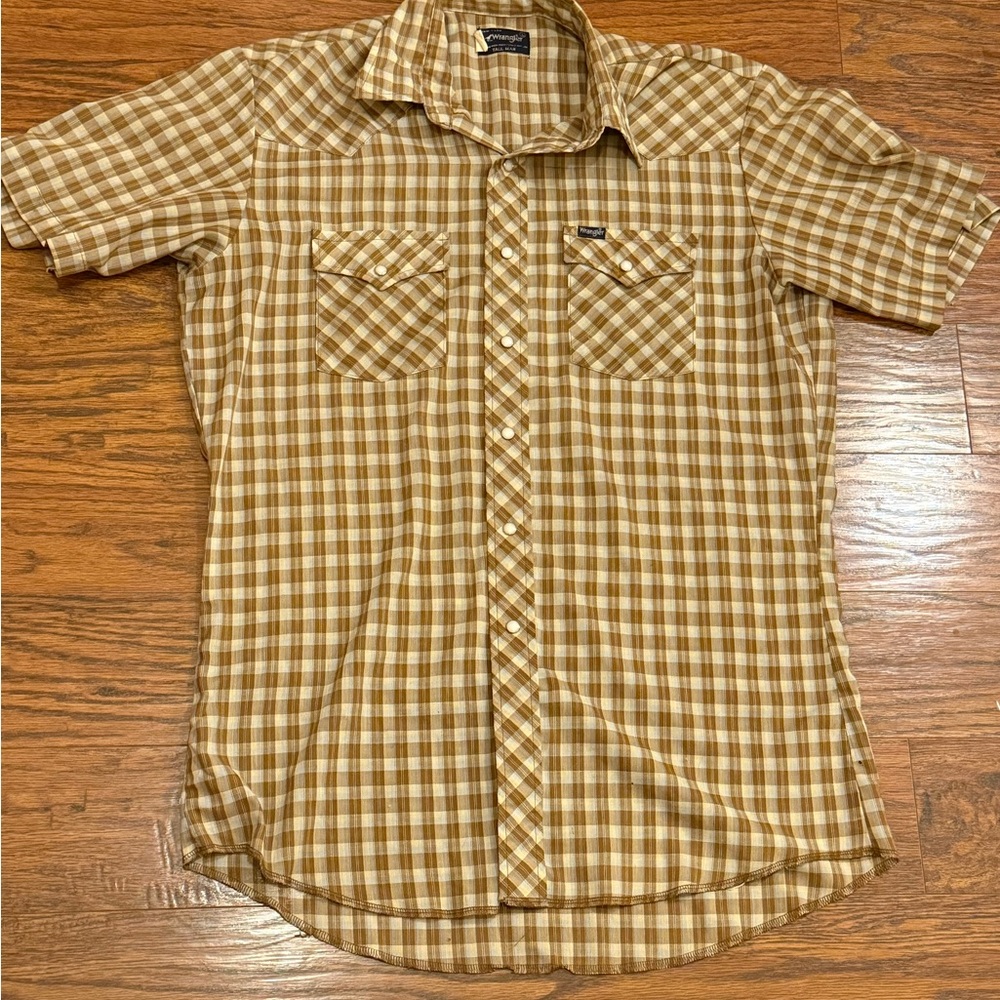 Vintage Wrangler Western Plaid Short-Sleeve Shirt S Beige/Brown Pearl Snaps Pock